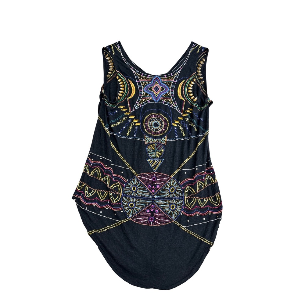 Free People Embroidered Beaded Boho Sleeveless Top Black Rayon Linen Large